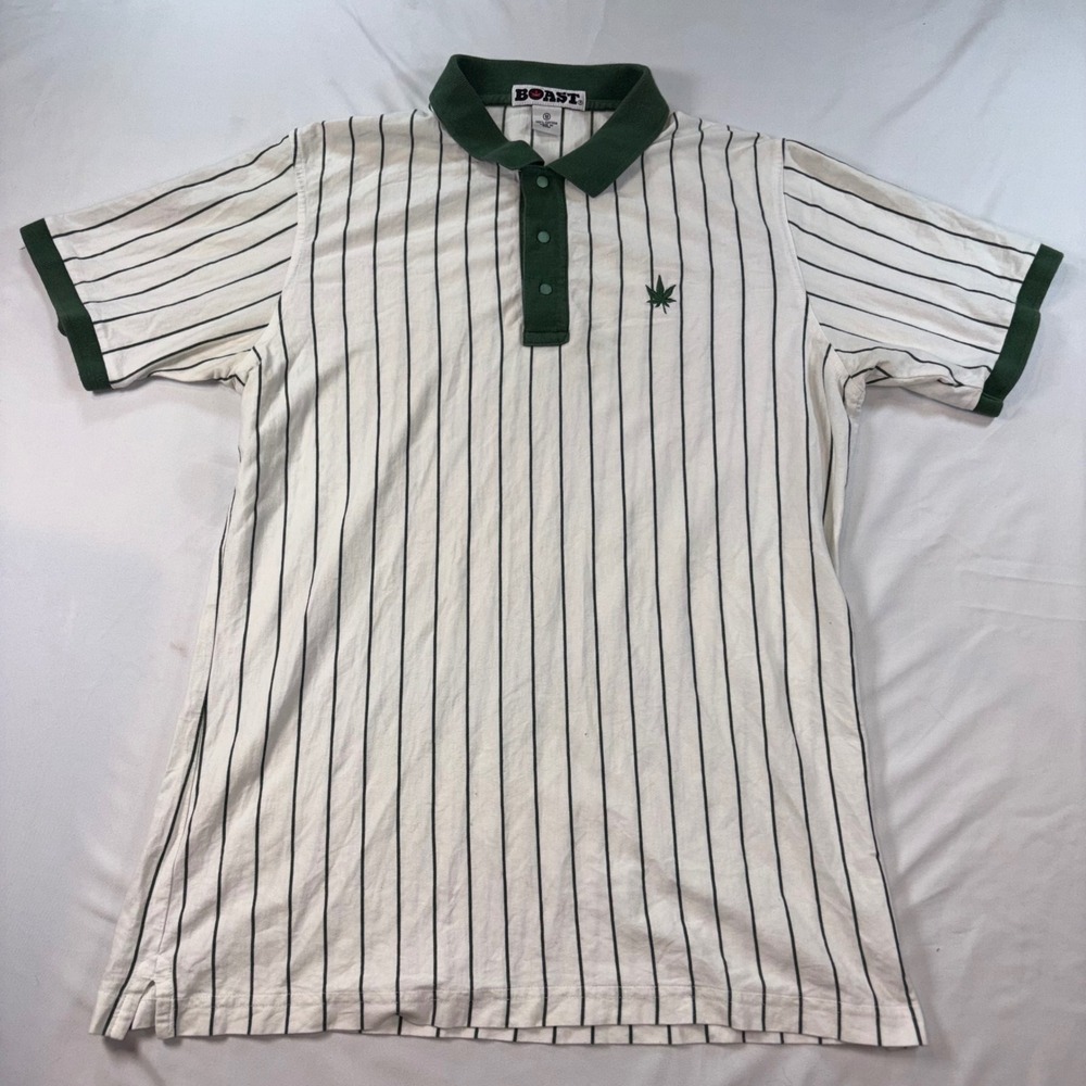 Boast Mens Striped Polo‎ Shirt White Green Leaf Logo Cotton Short Sleeve Size M